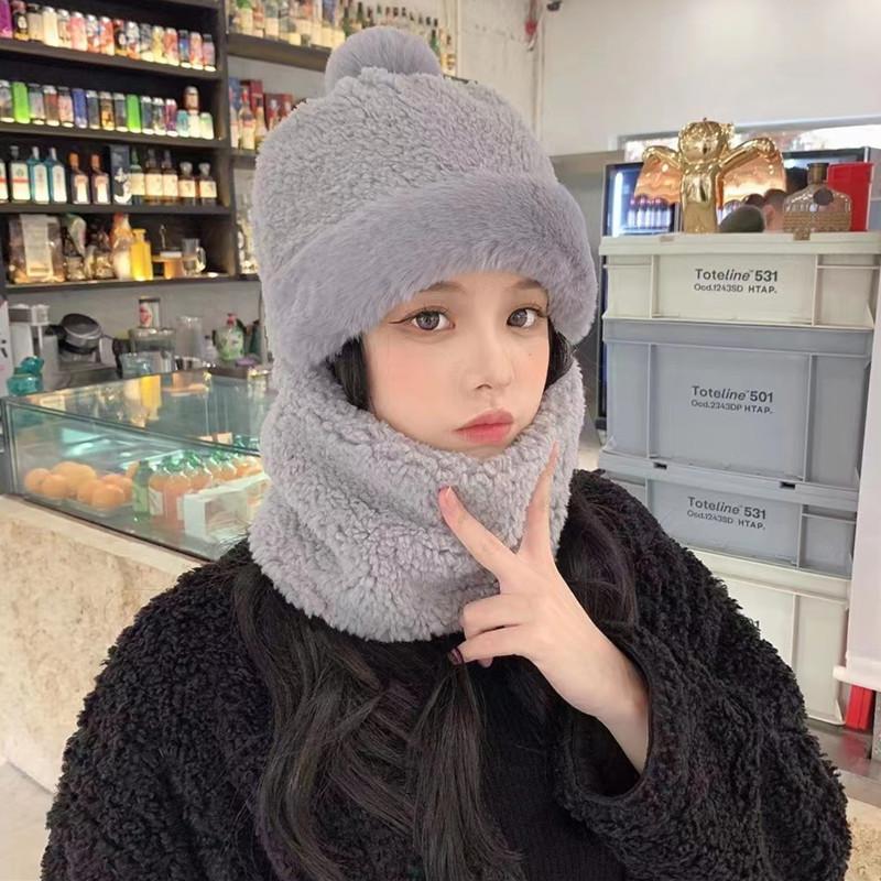 Hat women's scarf integrated new autumn and winter windproof cycling warm plush hat pullover hat high top cold hat
