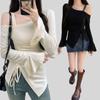Drawstring Off Shoulder Top Slim Slanted Shoulder Top Sweet Long Sleeve Crop Top  Summer
