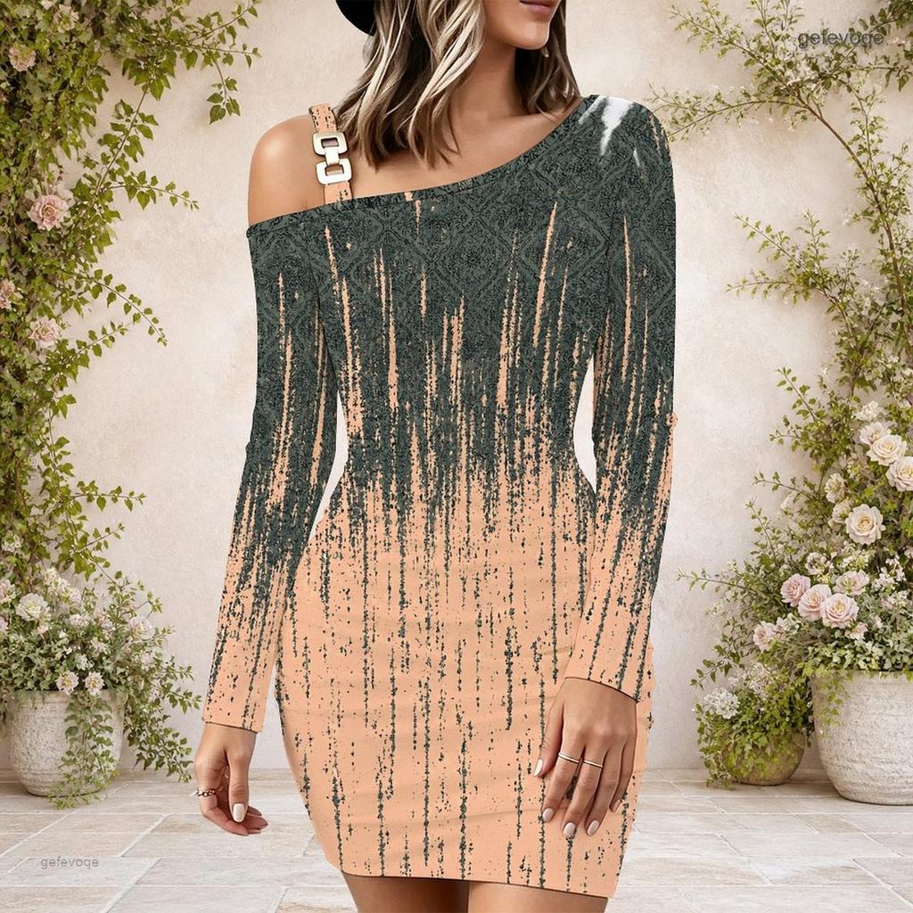 Women Plus Size One Shoulder Long Sleeve Printed Bodycon Mini Dress