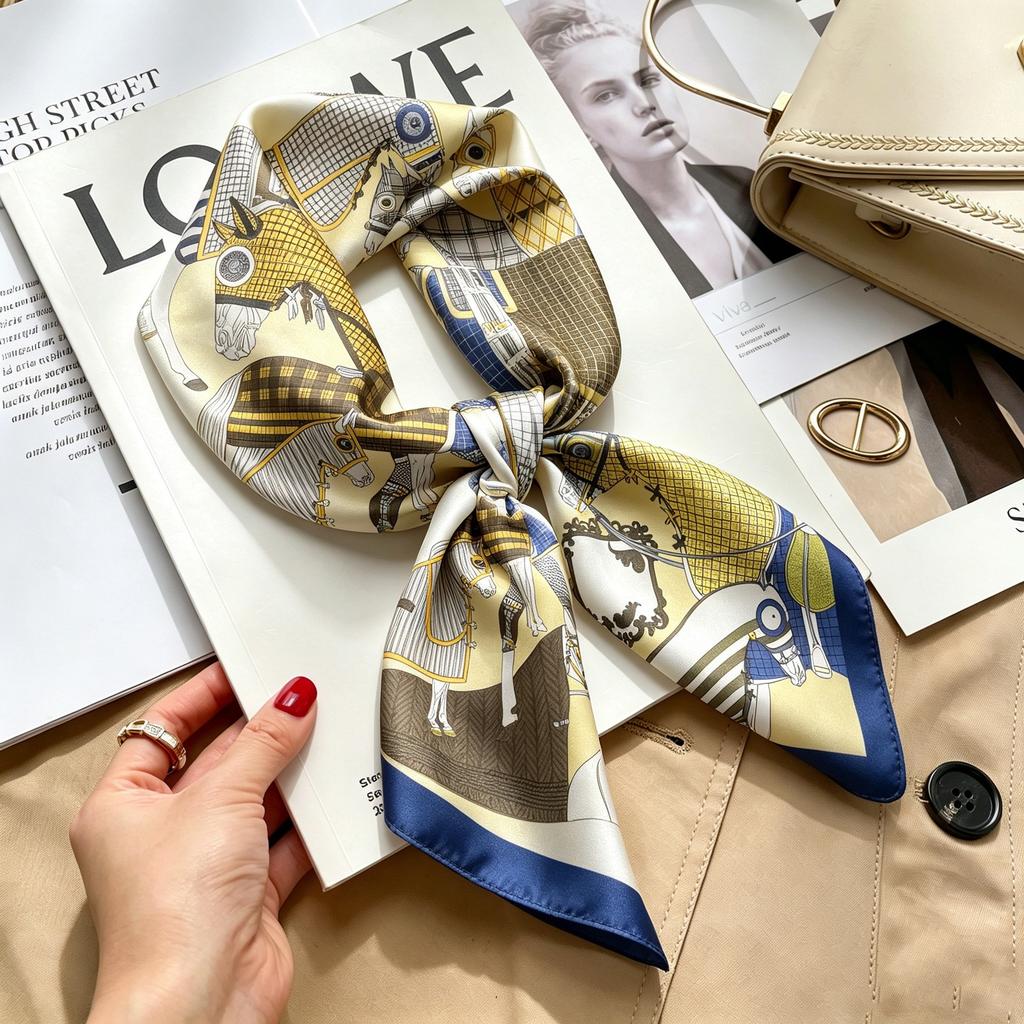 Commuter elegant flower silk scarf women's contrasting color retro printing satin scarf shirt with multi-purpose decorative small scarf
