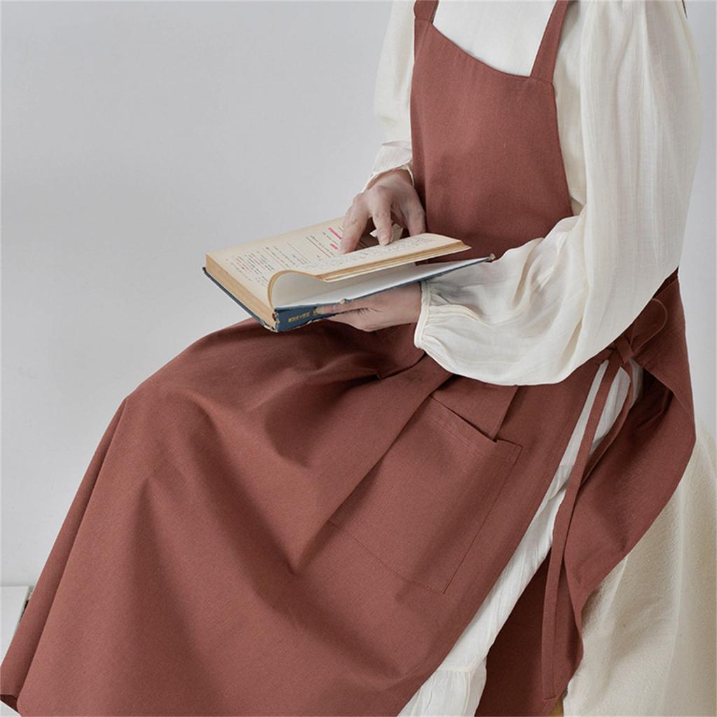 Cotton Linen Apron for Women Vintage Waterproof Apron Pinafore Dress with Pockets for Baking Cooking Gardening Work
