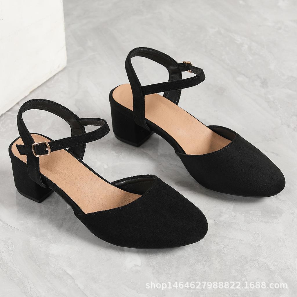 Damen Hollow Dicke Ferse Einzelne Schuhe Frühling und Herbst Neu Wildleder Kleben Rücken Lift mit Vielseitig Bequem Baotou Tragen High Heels