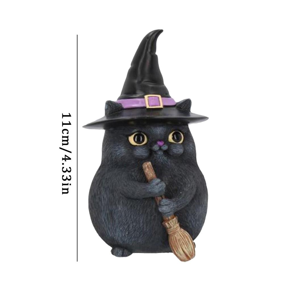 Creative Resin Sculpture Flying Broom Cat Small Cute Black Cat Statue Halloween Accessories Ornaments Party Decor