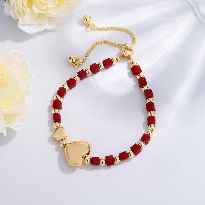 Copper Gold Plated Heart & Artificial Crystal Bead Elastic Bracelet for Women