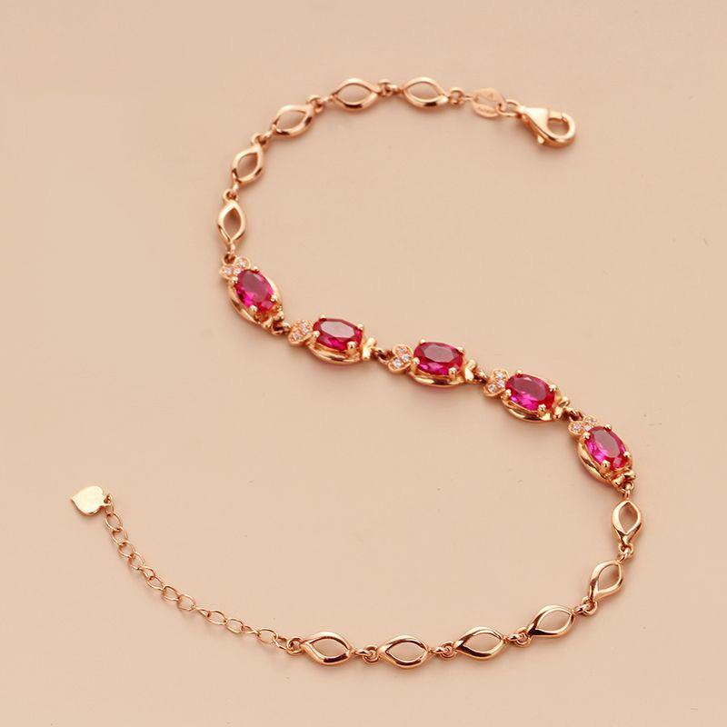 585 Purple Gold Simple French Red Garnet Bracelet Premium Rose Gold Plated Red Stone Bracelet