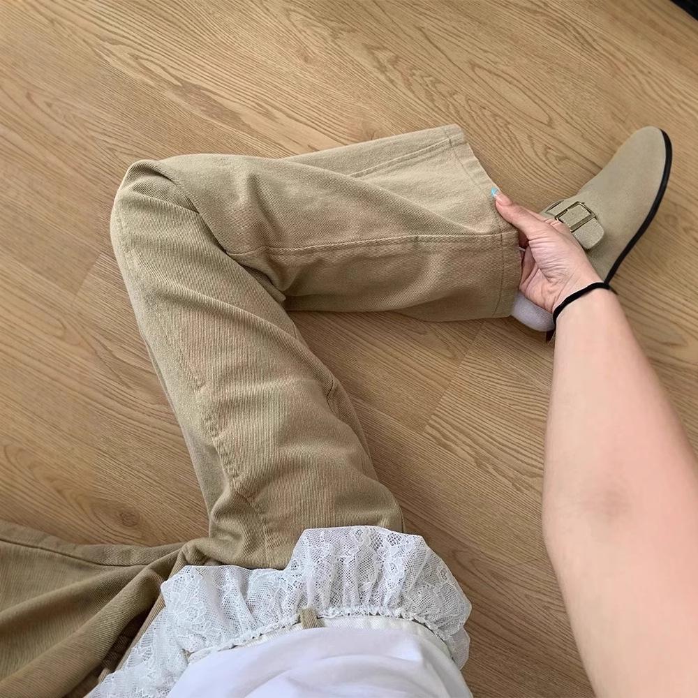 Women's High Waist Khaki Lace Trim Wide Leg Jeans - Spring/Autumn 2025