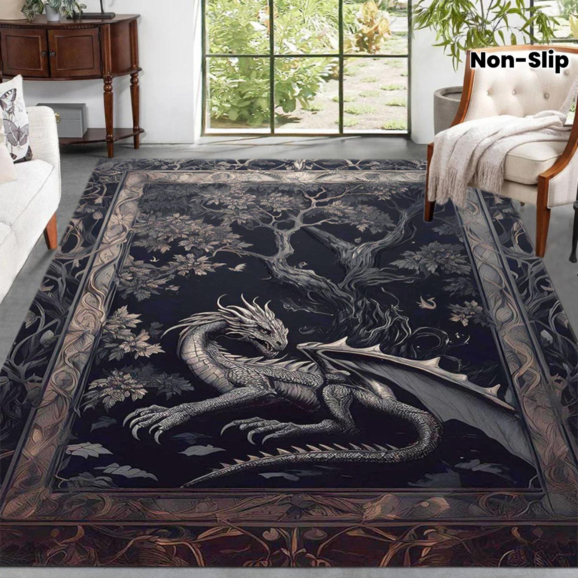 

Dragon Fantasy Print Flannel Area Rug Gothic Tree Design Living Room Decor Soft Non Slip Floor Mat For Home Use 60x90cm