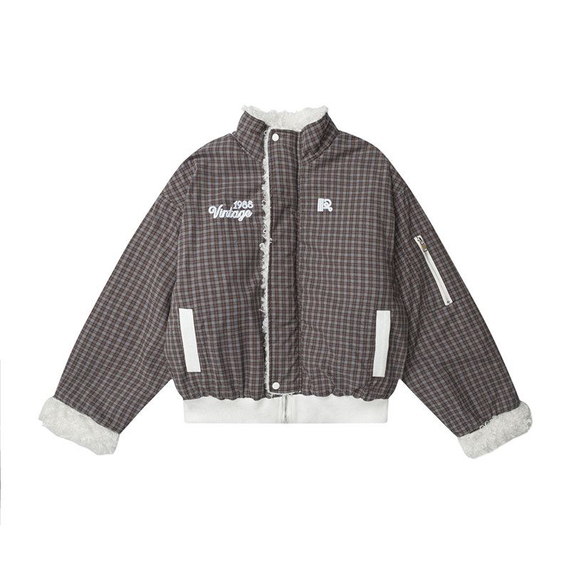 51 Hip-Hop Trendy Brand Lamb Wool Reversible Plaid Stand Collar Cotton Jacket for Men, Winter Thickened Couple's American-Style Cotton Coat