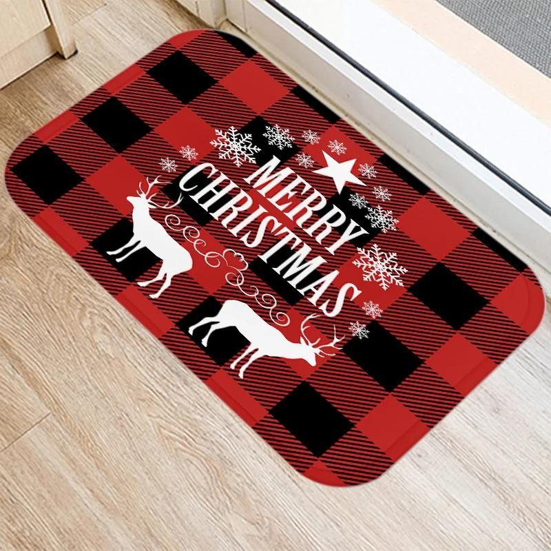 Merry Christmas! Red plaid print doormat home decor bathroom kitchen non-slip floor mat living room hallway rug.