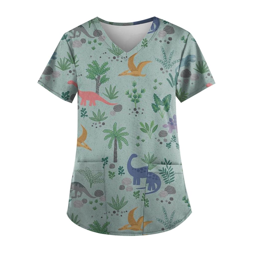 Plus Size Dinosaur Printed Working Uniform Tops For Women V-Neck Short Sleeve T-Shirts Workwear Tee With Pockets