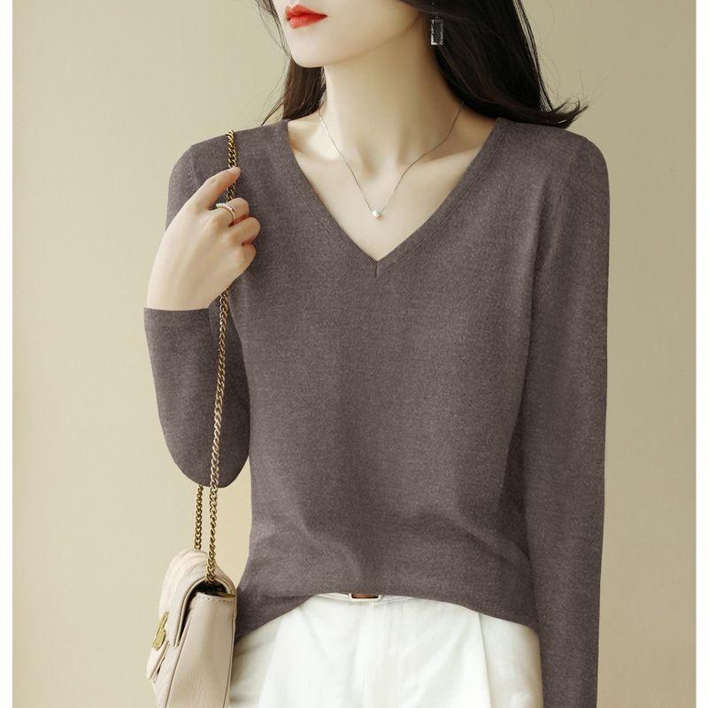 

Women s Clothing V-neck Half Sleeves T-Shirt French Classy Thin Basic Shirt Flower Brown ~ Long sleeves 2XL