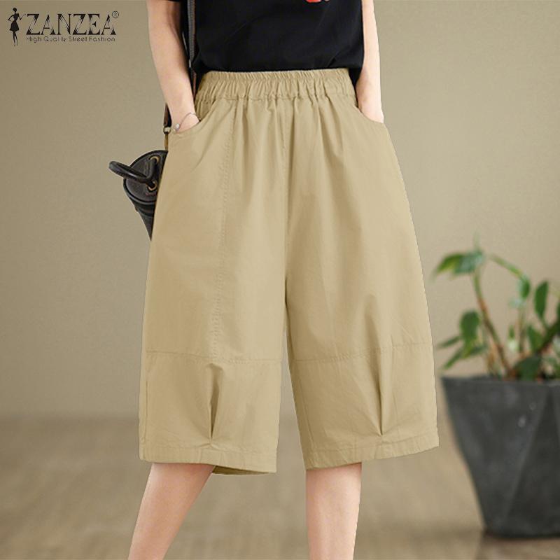 ZANZEA Women Casual Elastic Waist Loose Summer Capri Pants