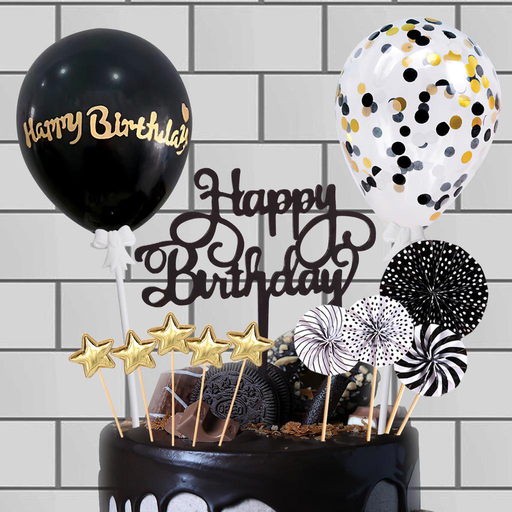 Birthday Cake Decoration Set with Balloons, Stars, Fans and Banners for Party Supplies