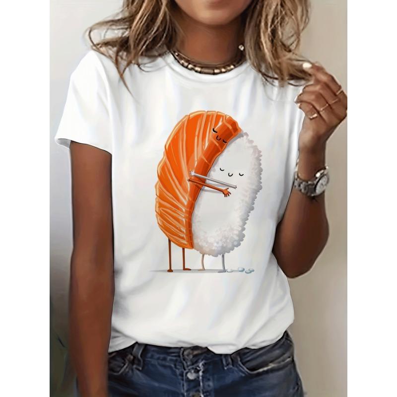 Cherry Blossom Koi Fish Red Sun Fashion Letter Print T-Shirt, Short Sleeve Crew Neck Casual Top for Summer And Spring