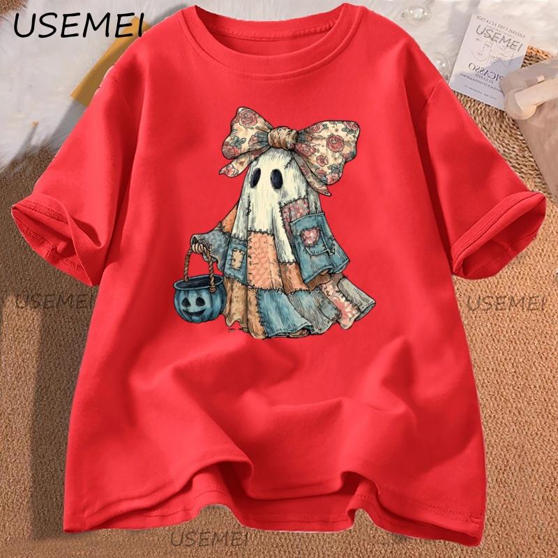 Retro Halloween Blue Denim Ghost Tshirt Trendy Patchwork Spooky Ghost T Shirt Boo Ghost Coquette Fall Pumpkin Spooky Season Tee S