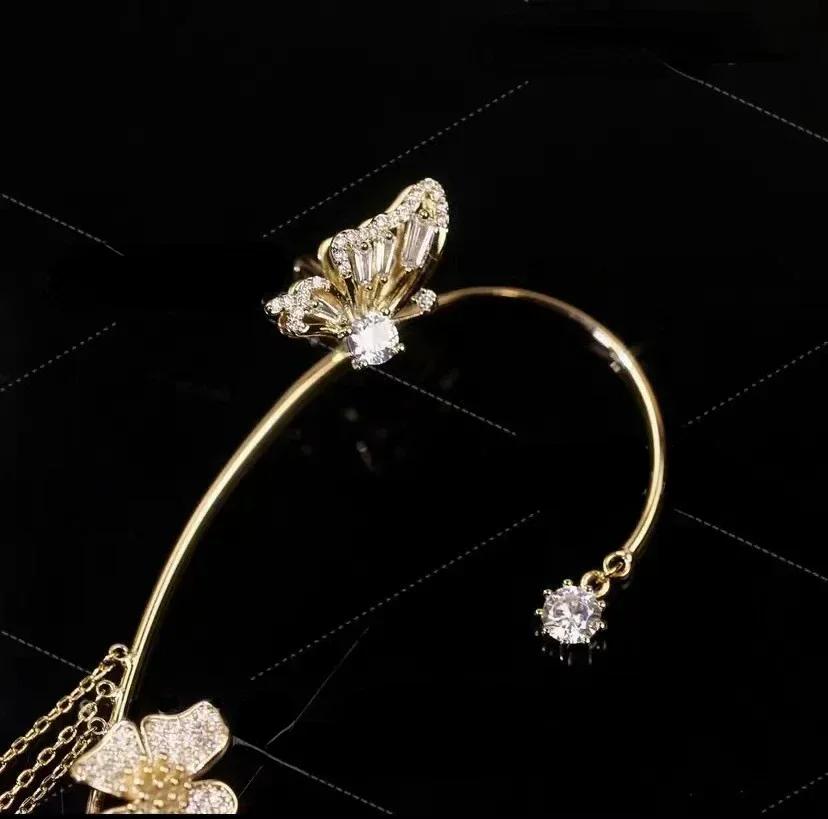 Boucles d'oreilles à clip papillon en cristal pour femmes, bijoux à la mode, perles, manchette d'oreille, long pompon, breloque creuse, cadeau de mariage