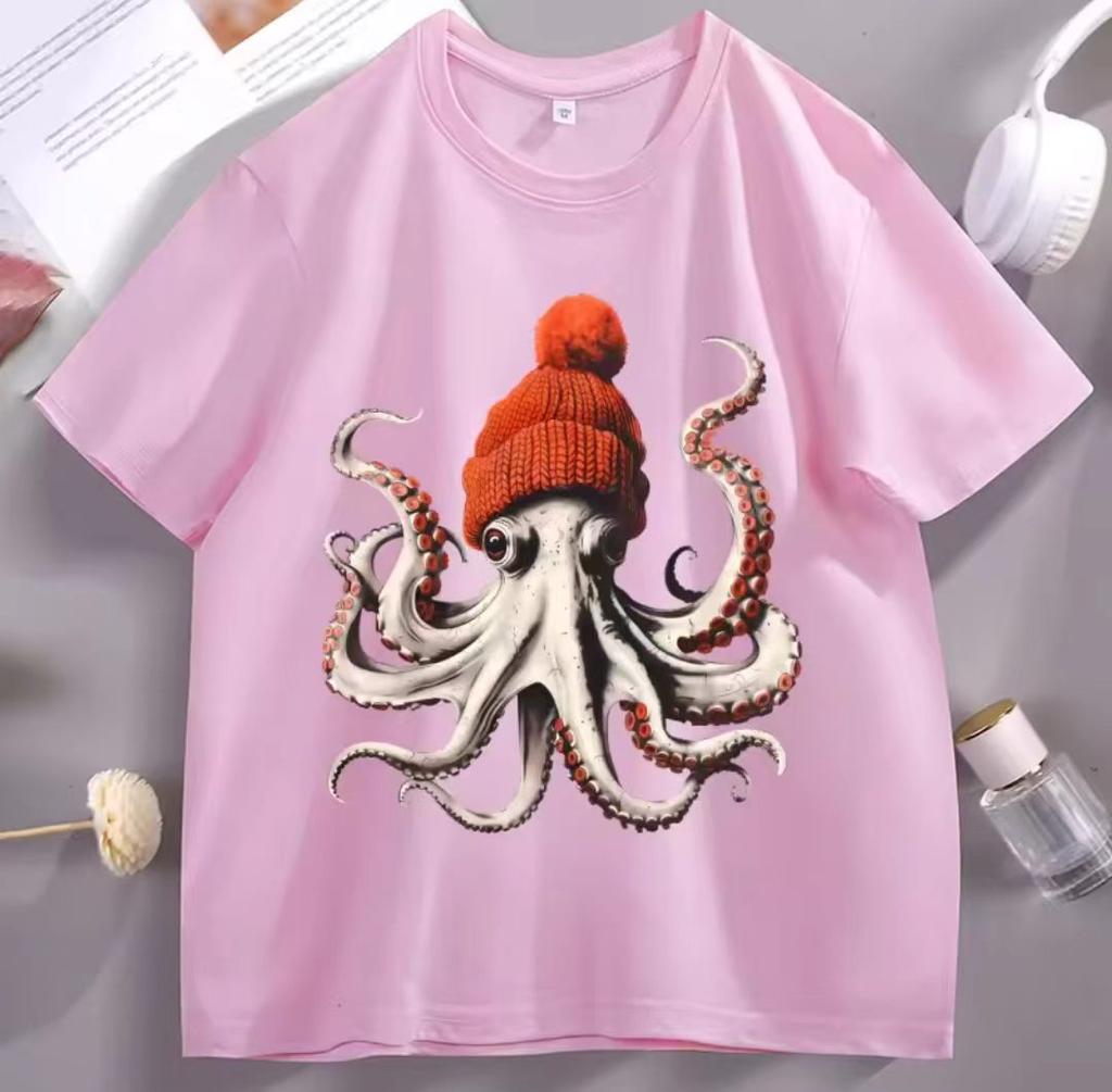 Funny Octopus Wearing Beanie Retro Print T-shirts Men Women's High Quality Fashion Clothing Short Sleeve 100% Cotton Unisex Tees