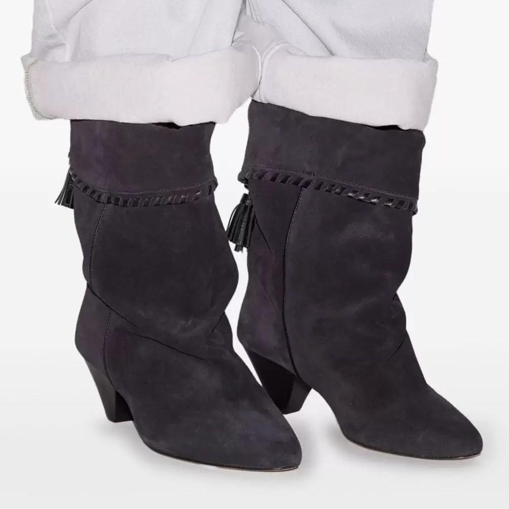 Sheepskin Version~ Retro Niche Fringed Tapered Heel Pointed Flanged Western Cowboy Boots Women's Autumn and Winter Short Boots Thin Boots