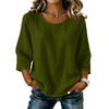 Women's Casual Solid Color Round Neck Three Quarter Sleeve Linen Cotton Blend Top Lightweight Comfortable Loose Fit Blouse for Everyday Wear