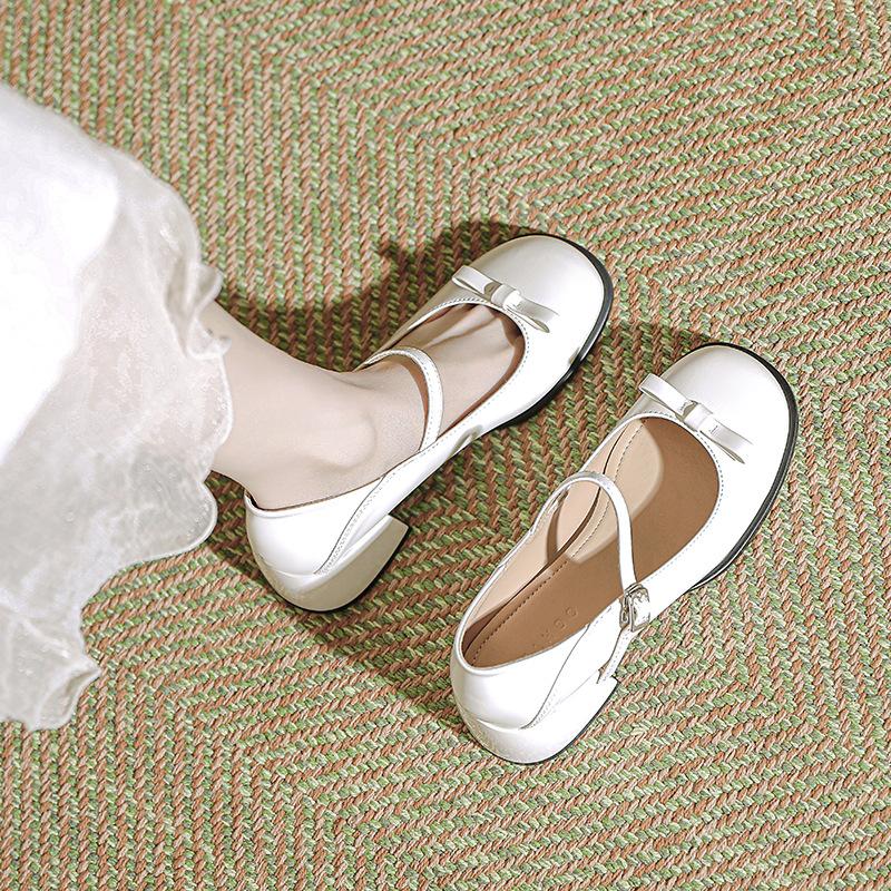 Spring New Bow Mary Jane Shoes, Women Chunky Heel Round Toe French Shallow Mouth Leather Flat Pumps