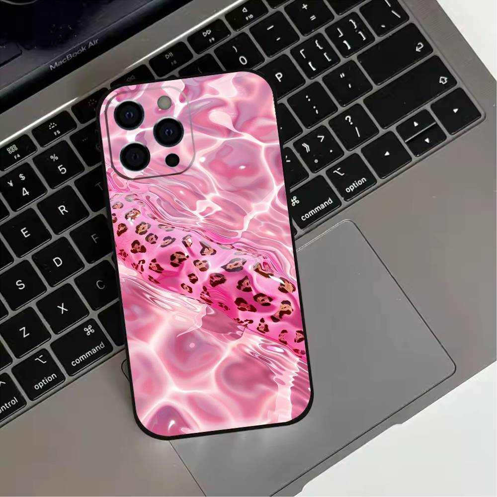 Fashion Pink Leopard Print Phone Case For iPhone 17,16,15,14,13,12,11 Plus,Pro Max,XS,Soft Silicone Black Cover