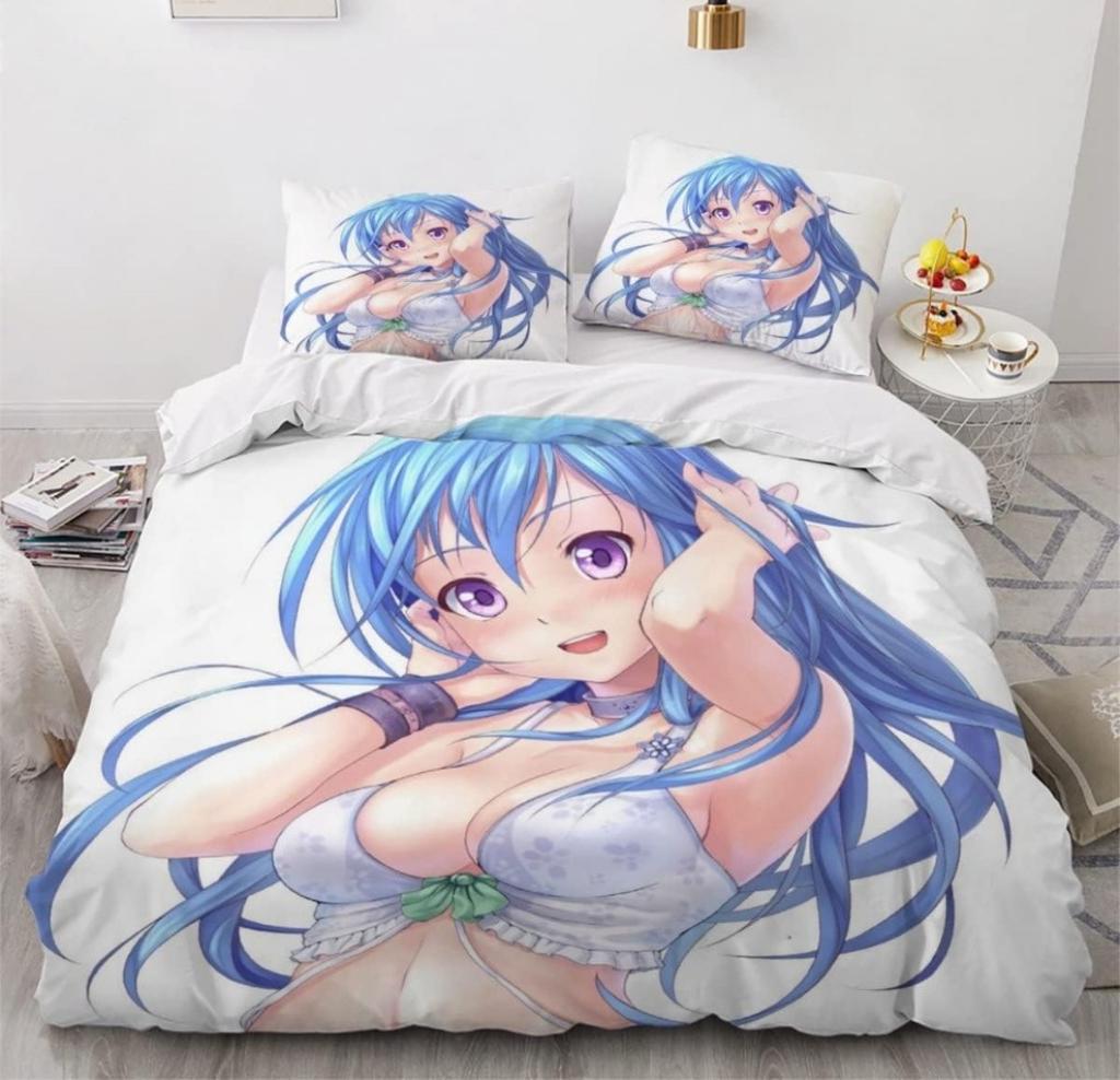 Anime Girl Cartoon Bed Linen Set 3-Piece 3D Print Anime Duvet Cover with Zip Microfibre Teenager Duvet Covers with 2 Pillowcases