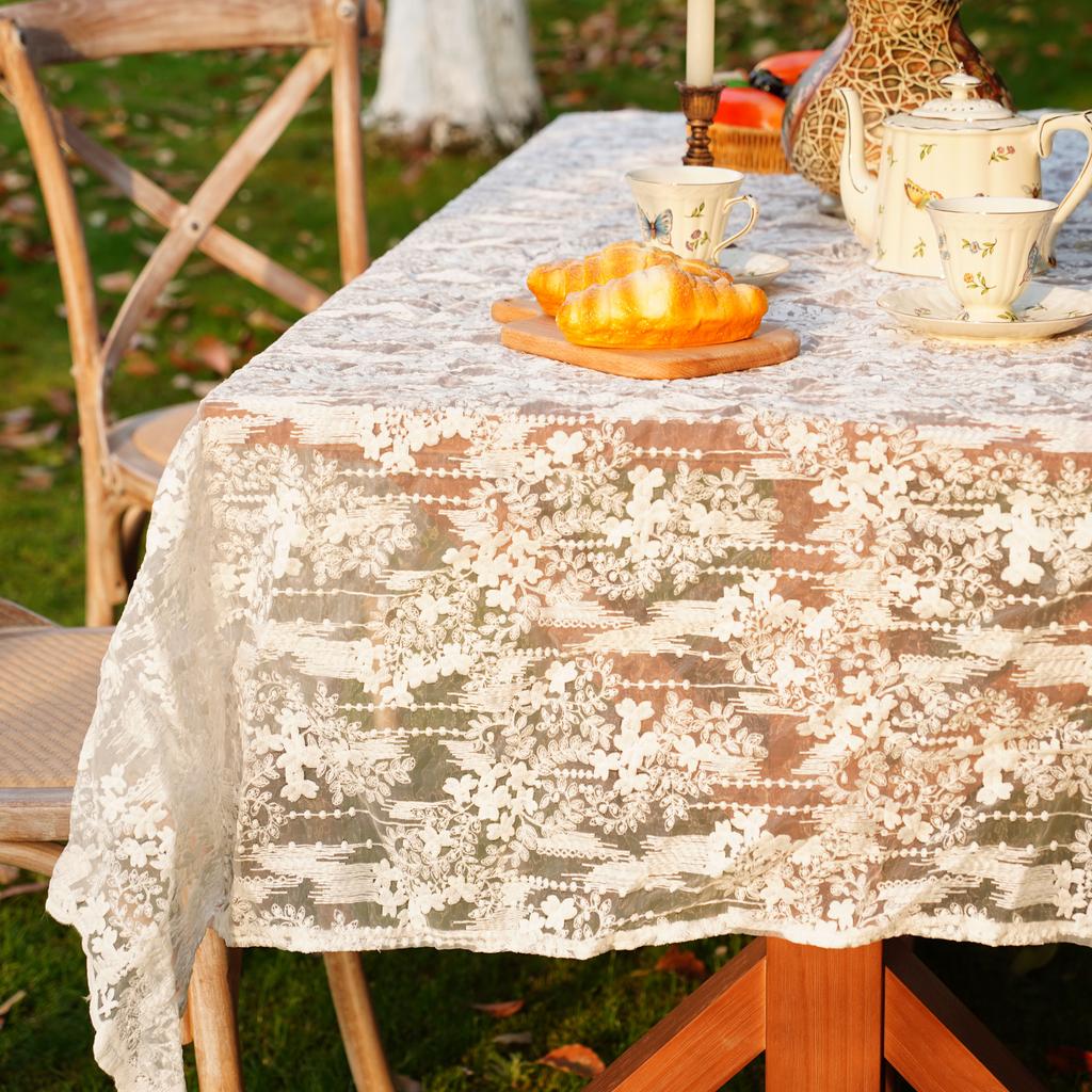 French Embroidery Lace Tablecloth Rectangular Vintage Floral Lace Table Cover for Kitchen Dining Banquet Wedding Home Decor