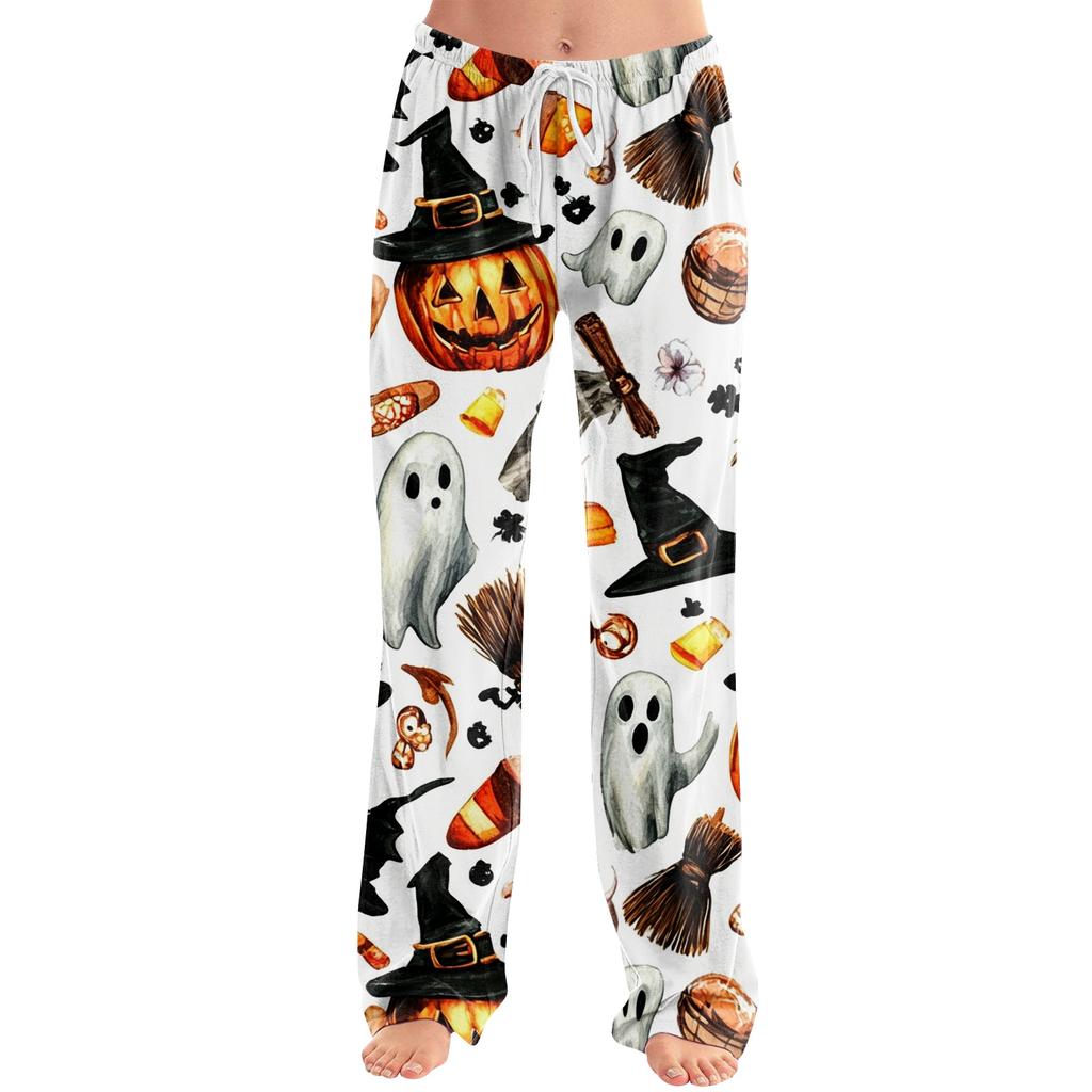 Damen Halloween Print Kordelzug Hose Lässige Lounge Hose Elastischer Bund Entspannte Passform Vollständige Länge Hose für den Alltag