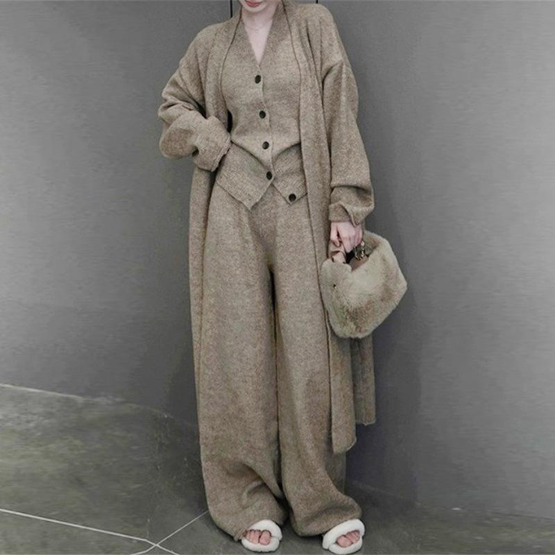 Vest Cardigan Wide-leg Pants Three-piece Casual Style Set Autumn and Winter New Solid Color Sweater