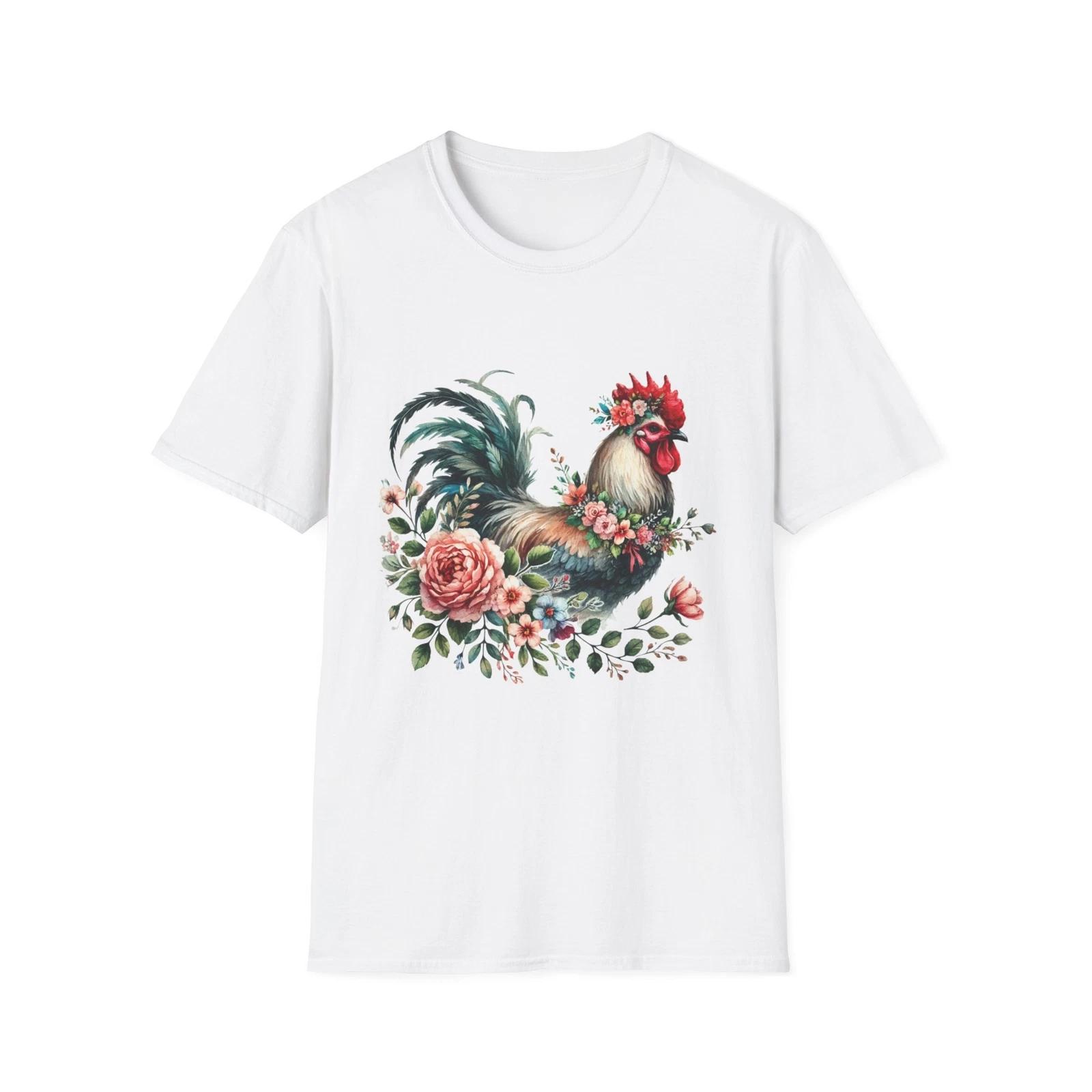 Floral Rooster T-Shirt, Farmhouse Style, Vintage Tees, Gift for Nature Lovers, S