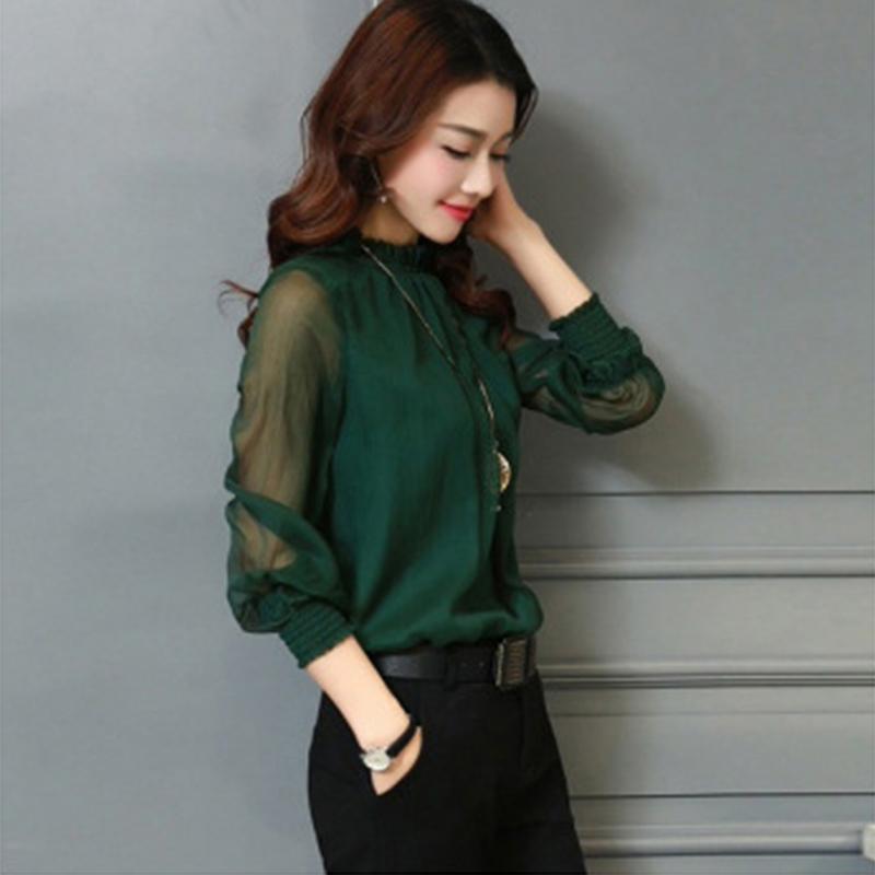 Lace Chiffon Shirt for Women Long-sleeved Shirt Ruffled Shirt Sexy Plus-size Top with Stand Up Collar
