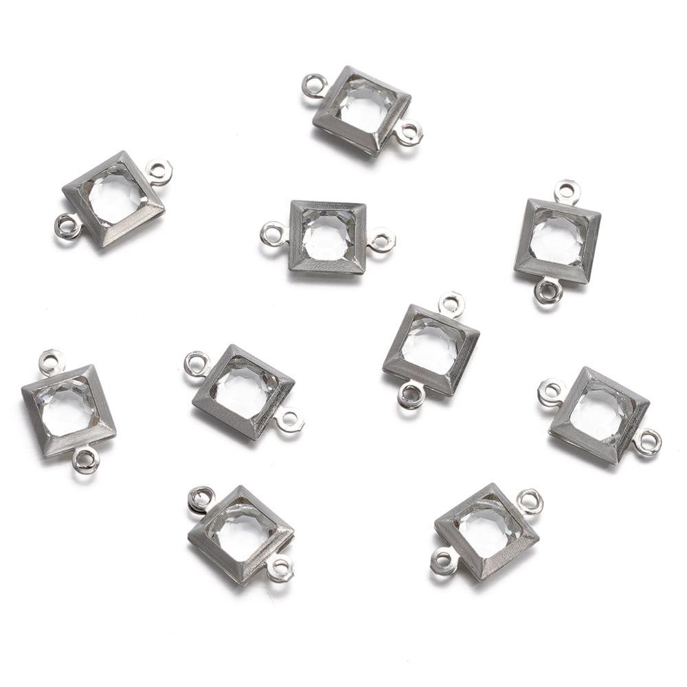 10pcs Stainless Steel Double Holes Square with Rhinestones Bracelet Necklace Pendant Connectors for DIY Jewelry Making Supplies