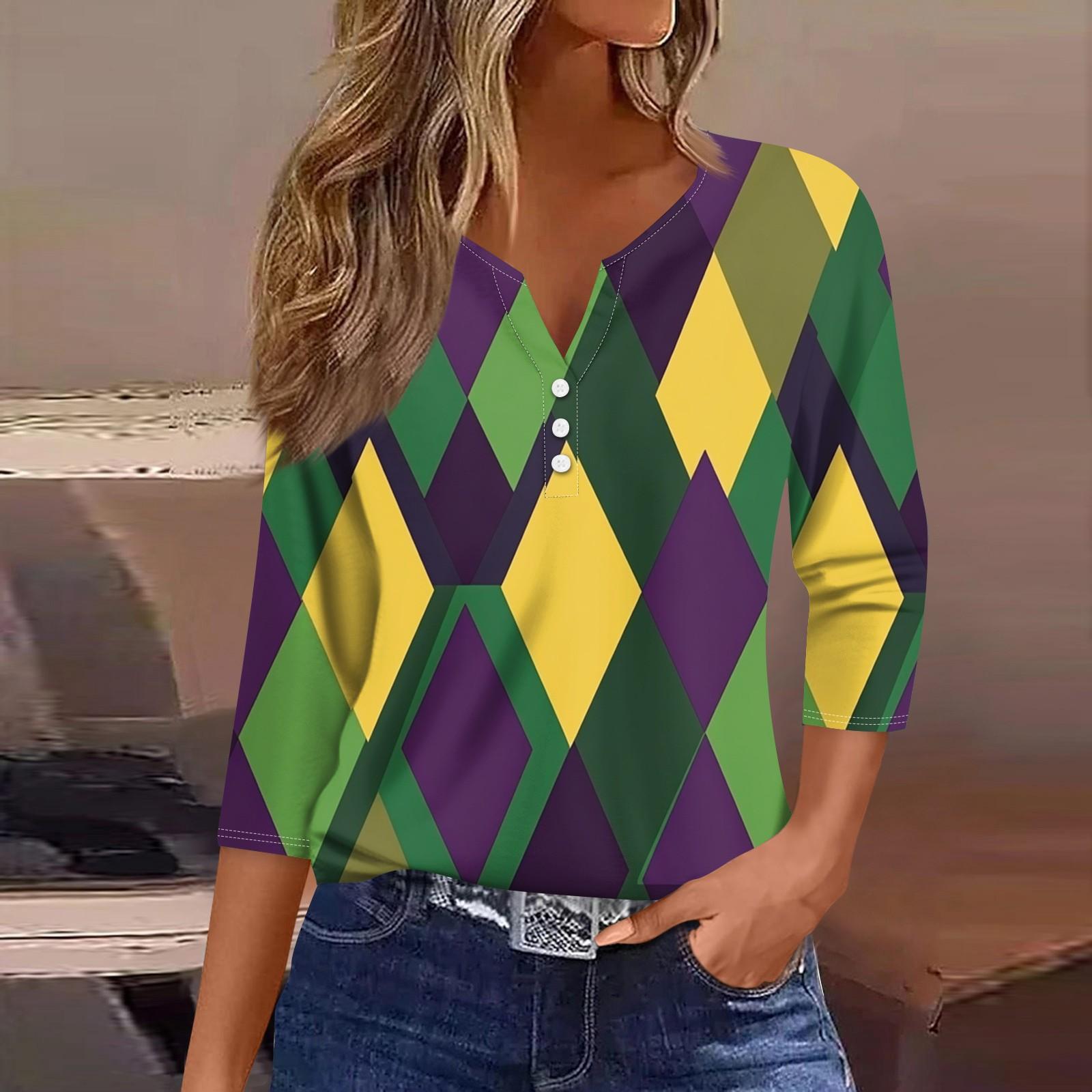 

Жен. Футболка Футболка С принтом Пуговицы Рукав 3/4 Повседневные Выходные Мода Классический V-образный вырез Обычный Топ L фиолетовый