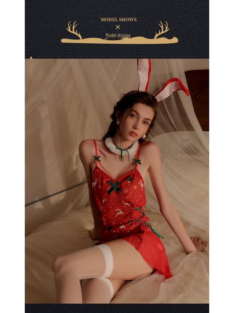 Übergröße Sexy Durchsichtiges Mesh Weihnachts-Dessous-Set mit Aufdruck - Rückenfreies Nachthemd