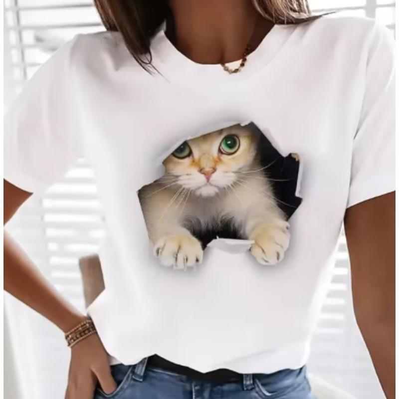 3D-Katzenaufdruck Damen Urban Street Fashion T-Shirt Tierliebhaber T-Shirt Sommer Alltags Lässig Damen Kurzarm Top