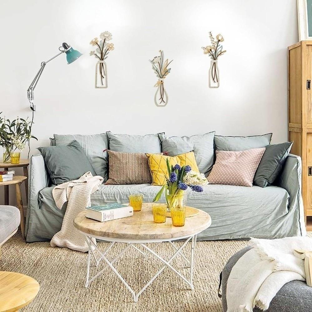 3 Pieces Set Vase Design Floral Decor 3D Wall Stickers Wall Decor Metal Flowers Wall Art  Bathroom