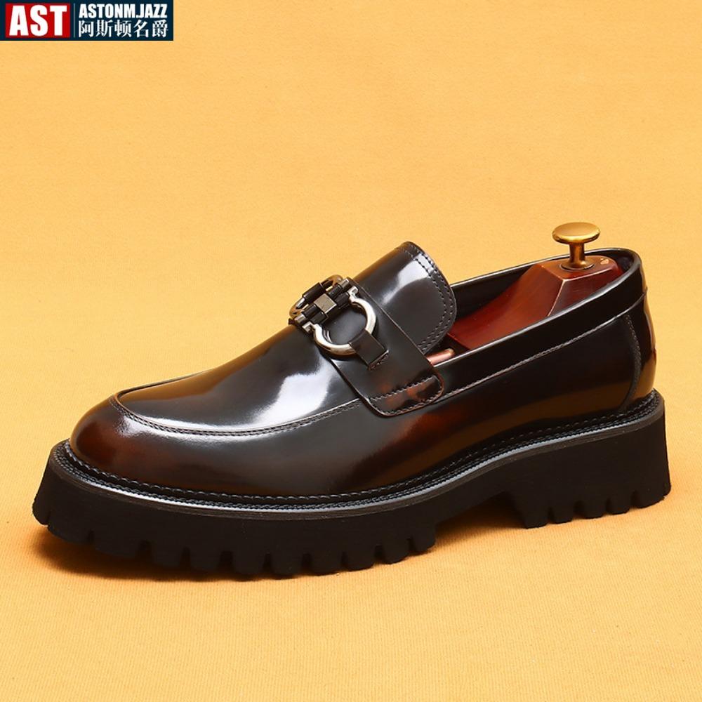 Casual Cowhide Leather Increased Height British Shoes Metal Horsebit Thick-Soled Genuine Leather Shoes for Men Business Formal