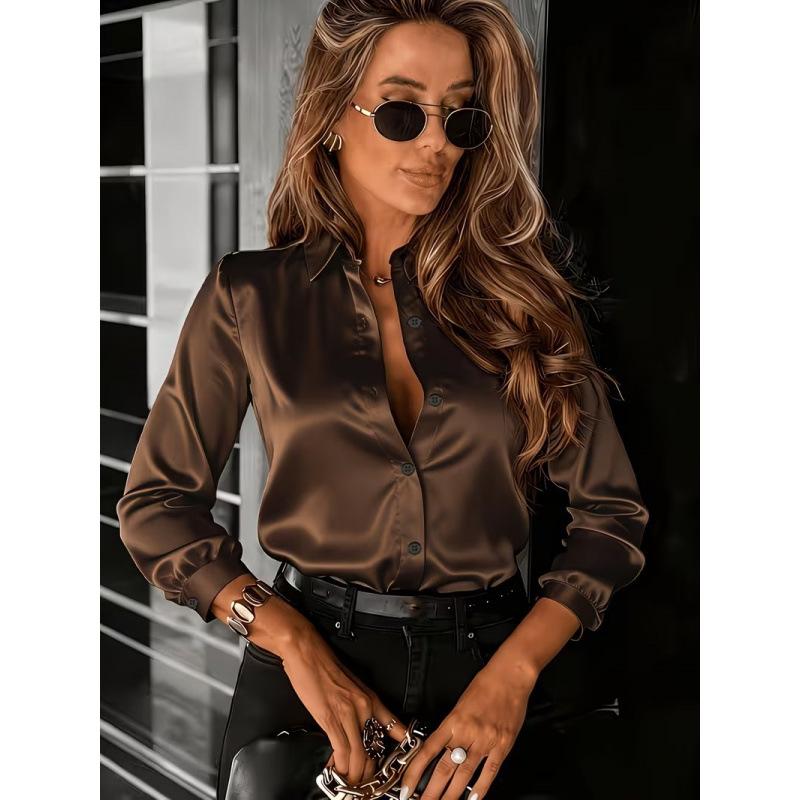 Womens Solid Color Satin Turn Down Collar Long Sleeve Button Down Slim Fit Shirt S коричневый
