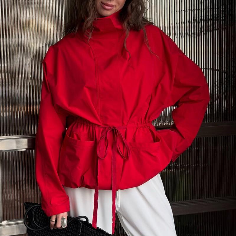 Womens Red Turtleneck Jacket Vintage Drawstring Waist Batwing Sleeve Sun Protection Top