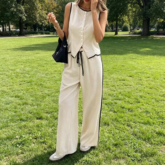 Women Summer 2 Piece Outfits Sleeveless Button Down Vest Wide Leg Pants Sets Casual Business Work Matching Set