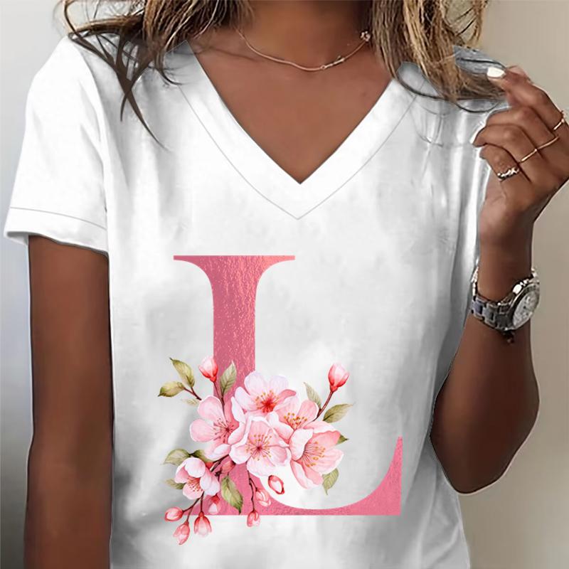 Pink Sakura Alphabet Graphic T Shirts Unisex Az 26 Alphabet Pink Flower Cartoon Tshirts Cherry Blossom Letters C Casual Tops