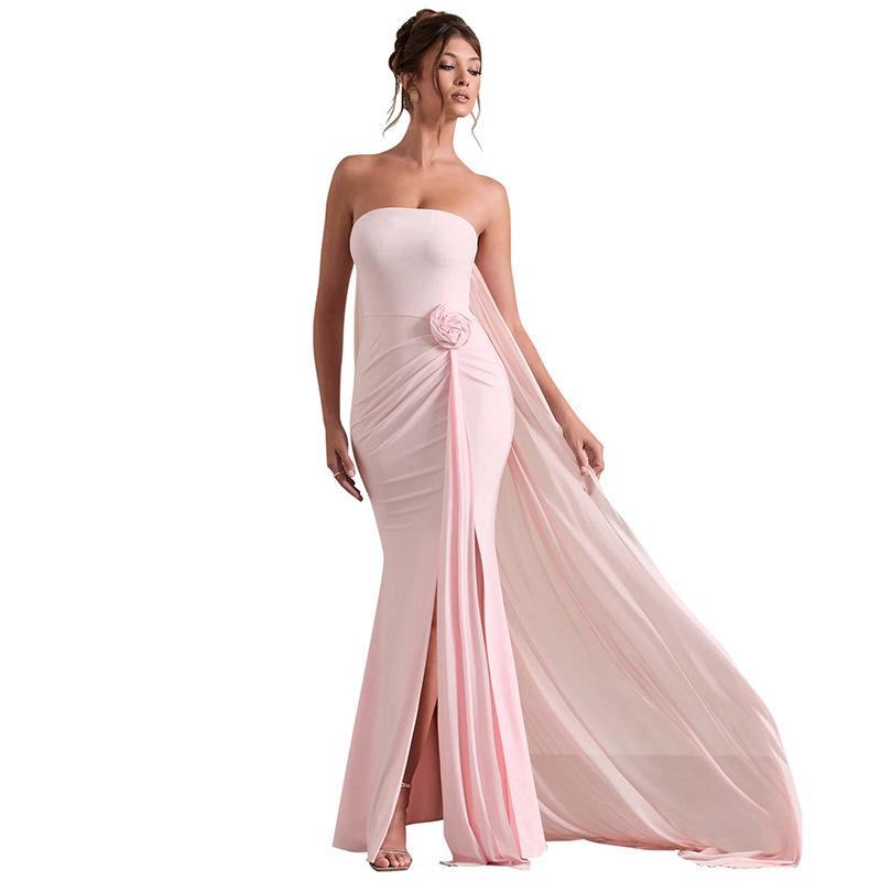 Autumn new long dress temperament tube top sleeveless one-word shoulder European and American split dress trailing dress