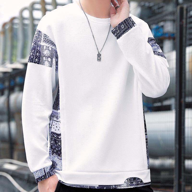 Waffle Fake Two-piece Men's Sweater Crew Neck Spring and Autumn Trendy Brand Cashew Flower Long Sleeve Design Sense Niche Clothes