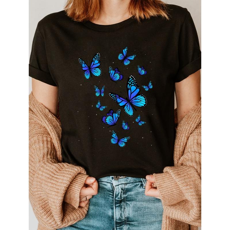 

European Size European Size Butterfly Fashion Letter Print T-Shirt, Short Sleeve Crew Neck Casual Top for Summer & Spring, Women s Clothing 4XL