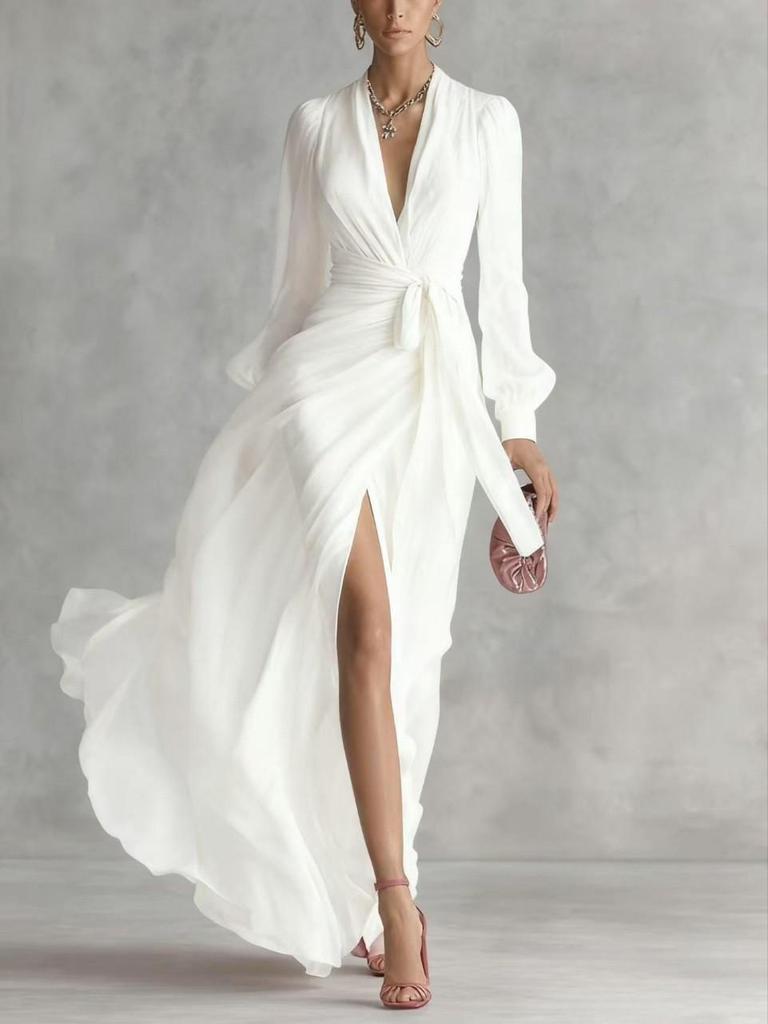 Spring 2026 Women's Elegant V-Neck Tie-Waist Chiffon Dress