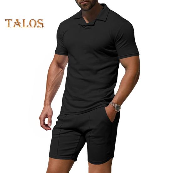 2 Teile/satz Männer Outfit Revers Kurzarm Pullover Tops Elastische Kordelzug Taille Taschen Shorts Set Einfarbig Sportswear