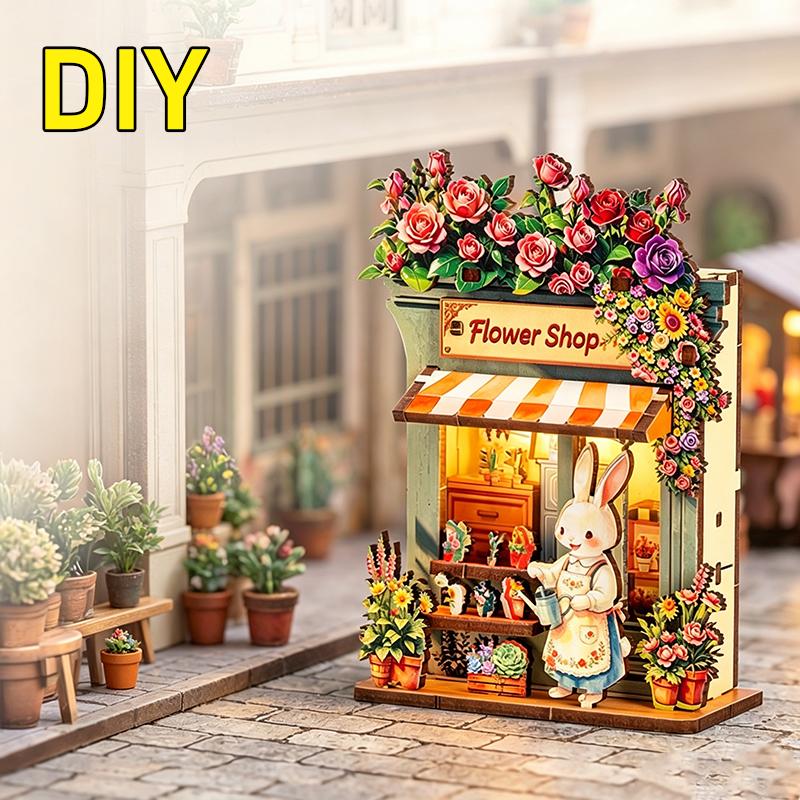 DIY 3D Wooden Mini House Puzzle Toy Fridge Magnet Handmade Animals Shop Creative Assembly Model Kit Home Decor Gifts for Friends