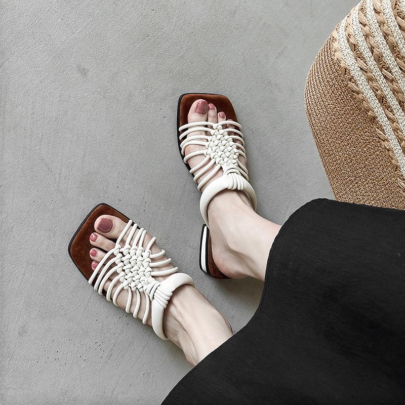 ~ Stepping on shit feels like wearing holiday style with skirt cool slippers women's square head woven hollow low heel comfortable Roman shoes