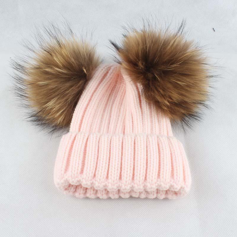 Kids Knitted Beanie Hat With Double Pom Poms Striped Ribbed Cuffed Winter Warm Boys Girls