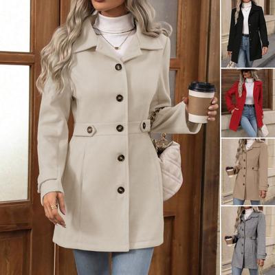 Women S Mid Length Wool Blend Coat Lapel Button Slim Fit